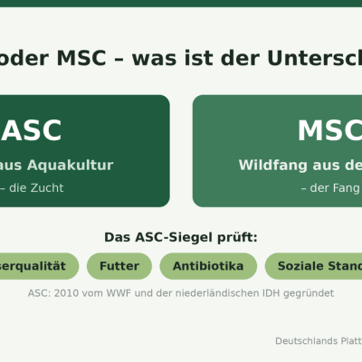 Vergleichsgrafik ASC und MSC: ASC kennzeichnet Fisch aus Aquakultur (Zucht), MSC den Wildfang aus dem Meer. Das ASC-Siegel prüft Wasserqualität, Futter, Antibiotika und soziale Standards; 2010 vom WWF und der niederländischen IDH gegründet.