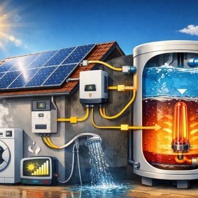 Photovoltaikanlage erzeugt Strom zur Warmwasserbereitung über Heizstab in einem Warmwasserspeicher