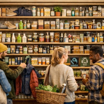 Junge Menschen vor einem Regal mit nachhaltigen Produkten in einem Biosupermarkt