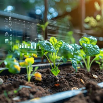  Nahaufnahme eines Gartens mit grünen Pflanzen, die in Reihen wachsen; ein digitaler Bildschirm mit Daten und Grafiken überlagert die Szene.