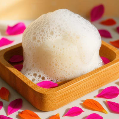  Schaumiges, festes Shampoo-Stück in Bambusschale mit leuchtenden Blütenblättern und warmem Sonnenlicht