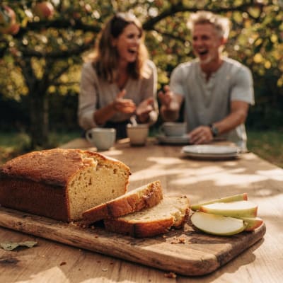 Angeschnittener Rührkuchen mit Apfelspalten auf einem Gartentisch, dahinter lachen zwei Menschen unscharf