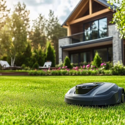 Ein Mähroboter mäht den Rasen vor einem Haus