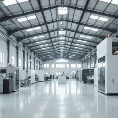 Eine nachhaltige Druckfabrik mit umweltfreundlichen Materialien, großen 3D-Druckern, heller LED-Beleuchtung und einem klaren, minimalistischen Design.