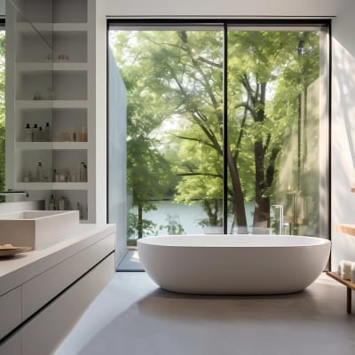 Badezimmer mit großer weißer Badewanne. Modernes, minimalistisches Design des Duschraums in einer Öko-Wohnung. Heller, hygienischer Raum mit weißen Schränken
