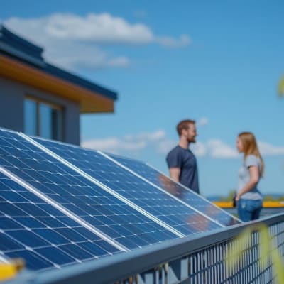 Auf dem Balkongeländer installierte Photovoltaikmodule erzeugen saubere Energie, im Hintergrund unterhält sich ein Paar.