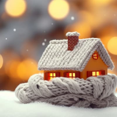 Miniaturhaus, eingehüllt in einen Strickschal