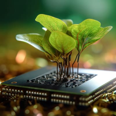 Eine Pflanze, die aus einem Computerchip wächst, veranschaulicht ein umweltfreundliches Konzept