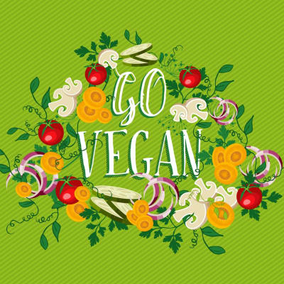 Vegan leben, Illustration eines Ernährungskonzepts mit rohem Gemüse und Naturelementen. EPS10-Vektor.