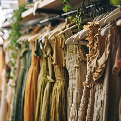 Konzept der nachhaltigen Mode. Kleidung, die in einem Second-Hand-Laden an einem Kleiderständer hängt. Slow Fashion. Nachhaltigkeit in der Mode. Grüne Moderevolution. Bewegung für nachhaltige Mode. Generative KI.