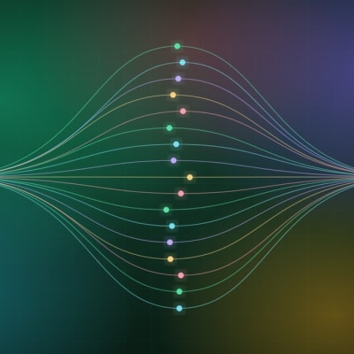 Google AI Mode – Query Fan-Out: eine Frage fächert in siebzehn farbige Teilfragen auf und läuft wieder zu einer Antwort zusammen.