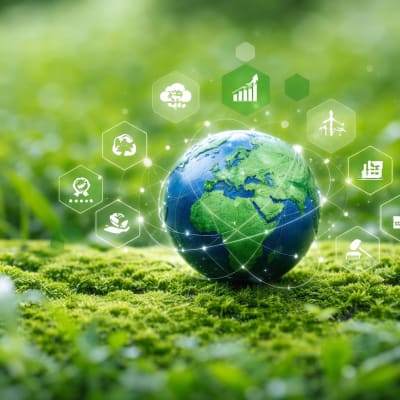  KI-generierte Weltkugel auf Moos mit Öko-Symbolen für CO2-Reduzierung, erneuerbare Energien, Nachhaltigkeit, Klimaschutz und Umweltschutz