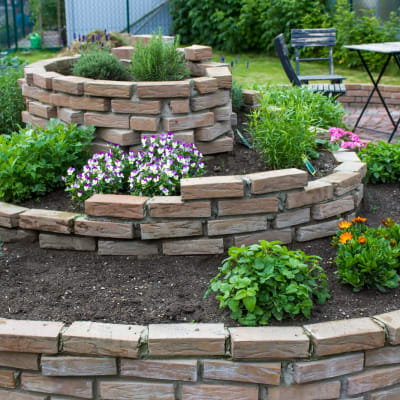 Kräuterspirale im Garten mit Kräutern und Blumen