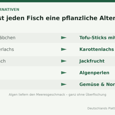 Übersicht pflanzlicher Fischalternativen: Fischstäbchen aus Tofu, Räucherlachs als Karottenlachs, Thunfisch aus Jackfrucht, Kaviar aus Algenperlen, Sushi mit Gemüse und Nori-Alge. Algen liefern den Meeresgeschmack.