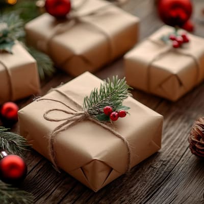 Rustikale Weihnachtsgeschenke, in Papier eingewickelt und mit Tannenzweigen verziert, auf einem Holztisch. Weihnachtsdekoration und Kunsthandwerk, umweltfreundlich, nachhaltiges Konzept.