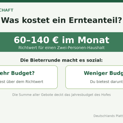Infografik Solawi-Kosten: Ein Ernteanteil kostet 60 bis 140 Euro im Monat. Die Bieterrunde macht es sozial – wer mehr Budget hat, bietet über dem Richtwert, wer weniger hat, darunter; die Summe deckt das Jahresbudget des Hofes.