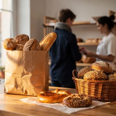 Papiertüte mit Brot, Brötchen und Baguette auf der Theke einer Bäckerei am Abend, daneben Brezeln und ein Korb mit Körnerbrötchen, im Hintergrund ein Kunde und eine Bäckerin