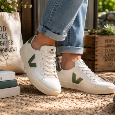 Weiße Sneaker mit veganem Aufdruck am Fuß von jemandem mit einer Jeanshose an. 