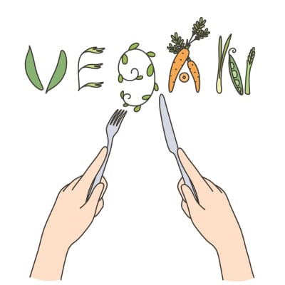 Veganes Essen und Diätkonzept. Menschliche Hände formen das Wort aus Besteck und rohen natürlichen vegetarischen Zutaten für eine gesunde Ernährung – Vektorgrafik.
