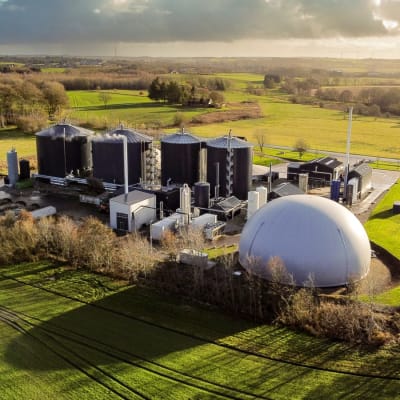 Drohnenaufnahme einer großen Biogasanlage inmitten grüner Felder in Dänemark, die die Infrastruktur für erneuerbare Energien und nachhaltige Technologien im ländlichen Raum verdeutlicht.