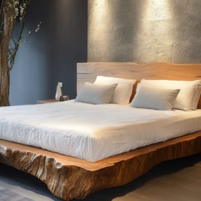 Großes, komfortables Doppelbett mit Holzrahmen und Kopfteil in einem modernen Schlafzimmer
