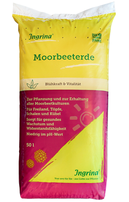 Ingrina - Moorbeeterde — torfreduzierte Spezialerde für säureliebende Moorbeetpflanzen wie Rhododendron, Azaleen und Heidelbeeren | © Die Torffrau - Ingrina