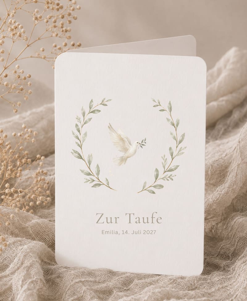 Taufkarte aus Naturpapier mit Taube und Herzkranz | © @ Papeterre