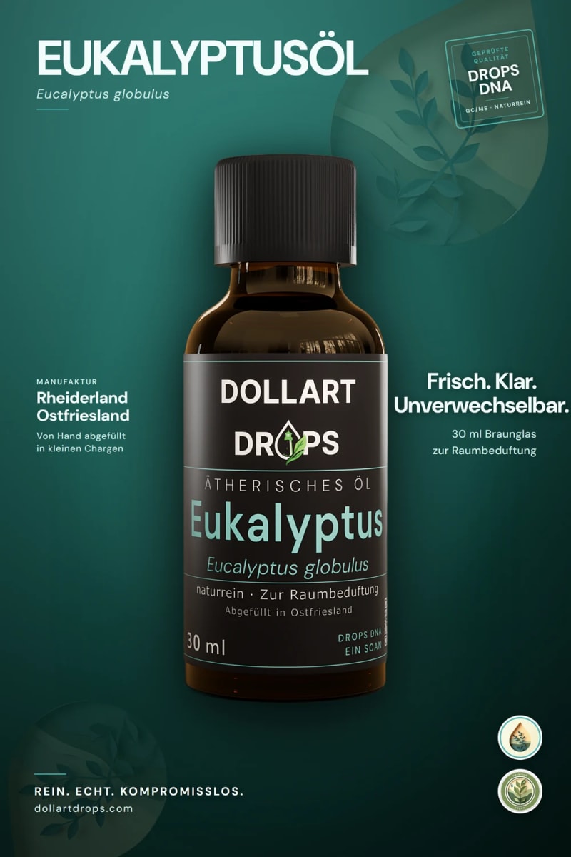 Ätherisches Eukalyptusöl von DOLLART DROPS, 30 ml in Braunglas, naturrein zur Raumbeduftung, von Hand abgefüllt im ostfriesischen Rheiderland. | © © DOLLART DROPS