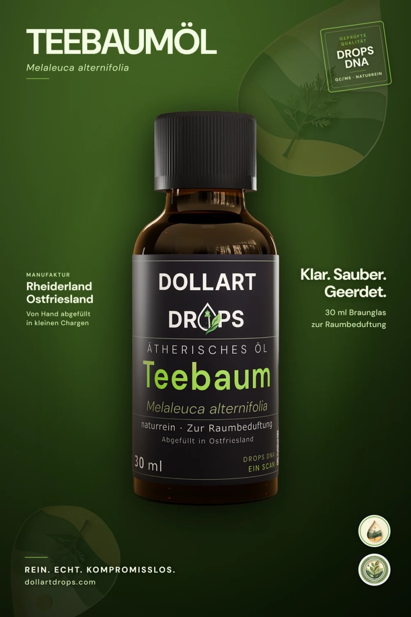 Ätherisches Teebaumöl von DOLLART DROPS, 30 ml in Braunglas, naturrein zur Raumbeduftung, von Hand abgefüllt im ostfriesischen Rheiderland. | © © DOLLART DROPS