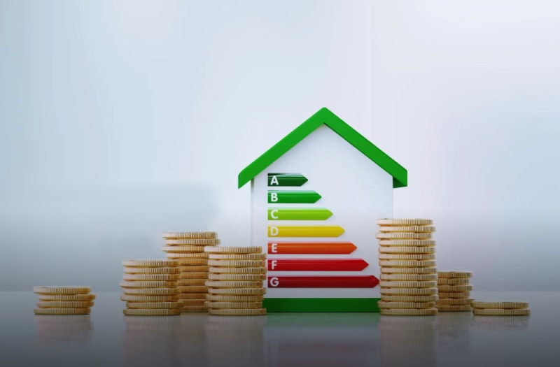 Hausmodell mit Energieeffizienzskala von A bis G zwischen Münzstapeln als Symbol für Energiekosten und Sanierung | © Rüter Energieberatung
