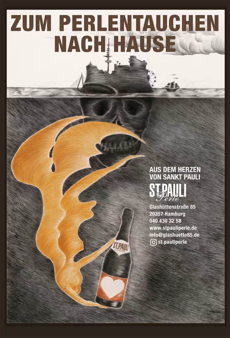 Künstlerische Illustration der Hausmarke St. Pauli Perle mit Hamburger Hafenmotiv und der Adresse Glashüttenstraße 85 | © Glashütte 85 - St. Pauli Perle - Andrea Vetter