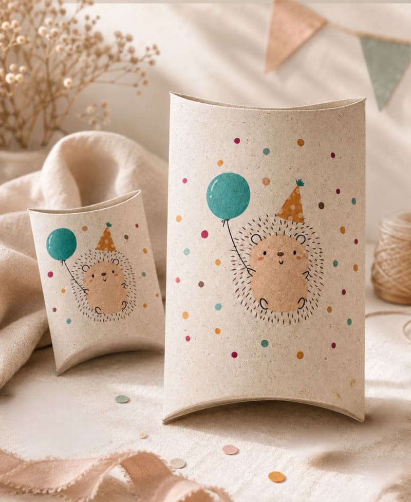 Pillowboxen aus Graspapier mit Igel-Motiv – plastikfreie Geschenkverpackung für Kindergeburtstage | © @ Papeterre