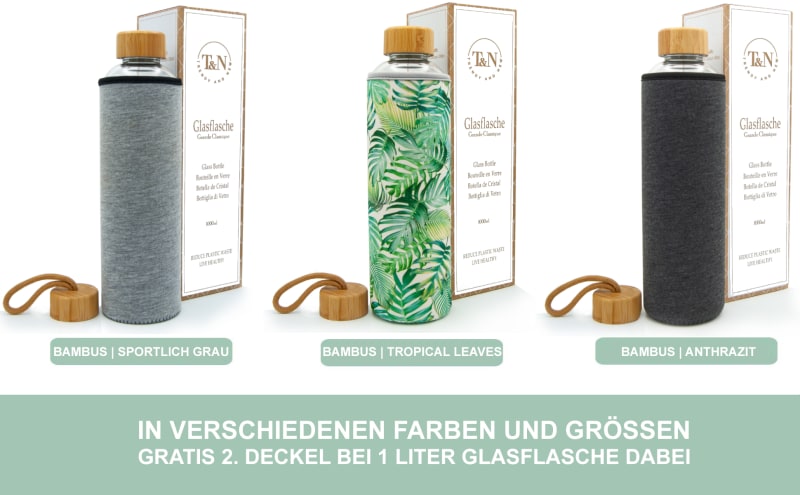Die T&N Glasflaschen sind mit schicker Schutzhülle in verschiedenen Farben und Größen erhältlich | © Trend7Factor UG (haftungsbeschränkt)