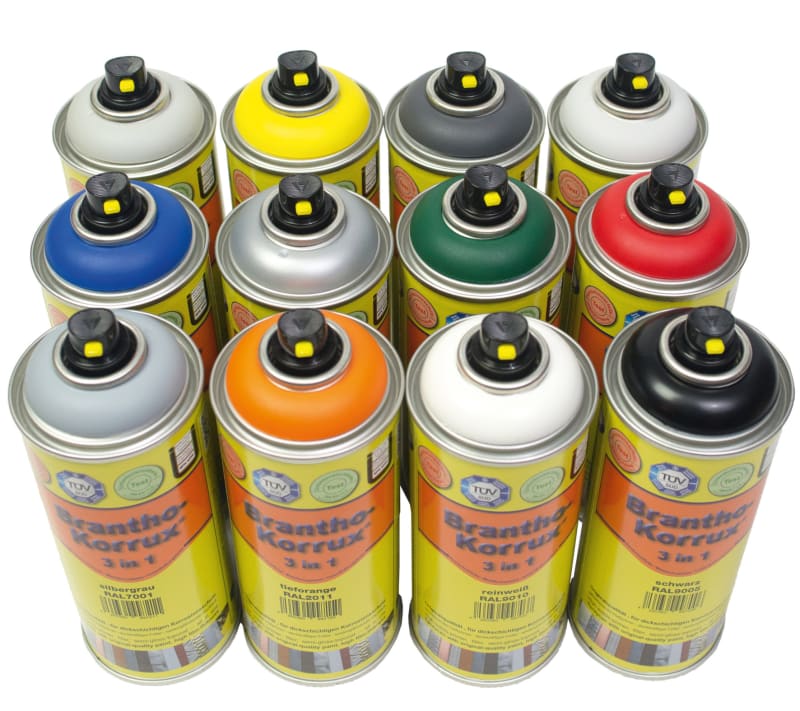 Komfortdosen (Dickschicht-Spraydosen) mit Brantho-Korrux „3 in 1“ in verschiedenen Farbtönen | © BRANTH-CHEMIE