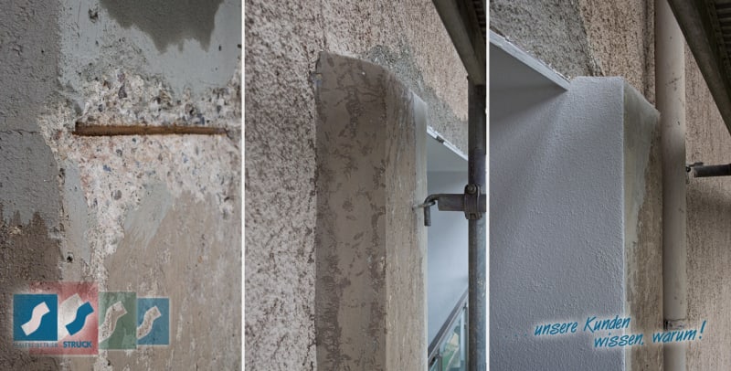 Betonsanierung am Otto-Streibel-Bunker in Kiel: Fensterlaibung vor, während und nach der Instandsetzung | © Malereibetrieb Jens Struck GmbH