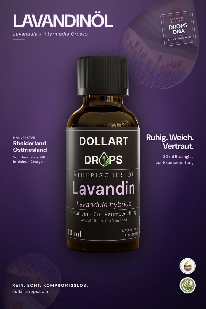 Ätherisches Lavandinöl von DOLLART DROPS, 30 ml in Braunglas, naturrein zur Raumbeduftung, von Hand abgefüllt im ostfriesischen Rheiderland. | © © DOLLART DROPS