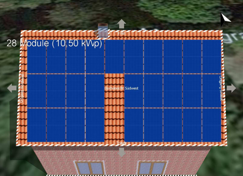 Dachbelegungsplan einer PV-Anlage mit 10,50 kWp aus der Ertragssimulation | © Natürliche Lebensräume Bauplanungsbüro Marx