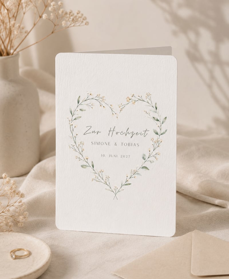 Nachhaltige Hochzeitskarte aus Graspapier mit minimalistischem Herzkranz | © @ Papeterre