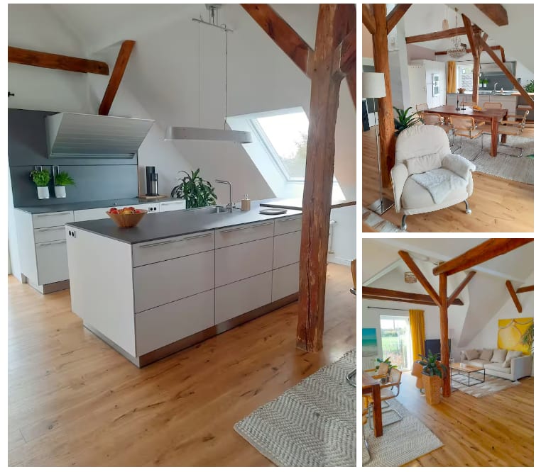 Schöner Eichenholzfussboden, gemütlicher Sessel in Ferienwohnung
