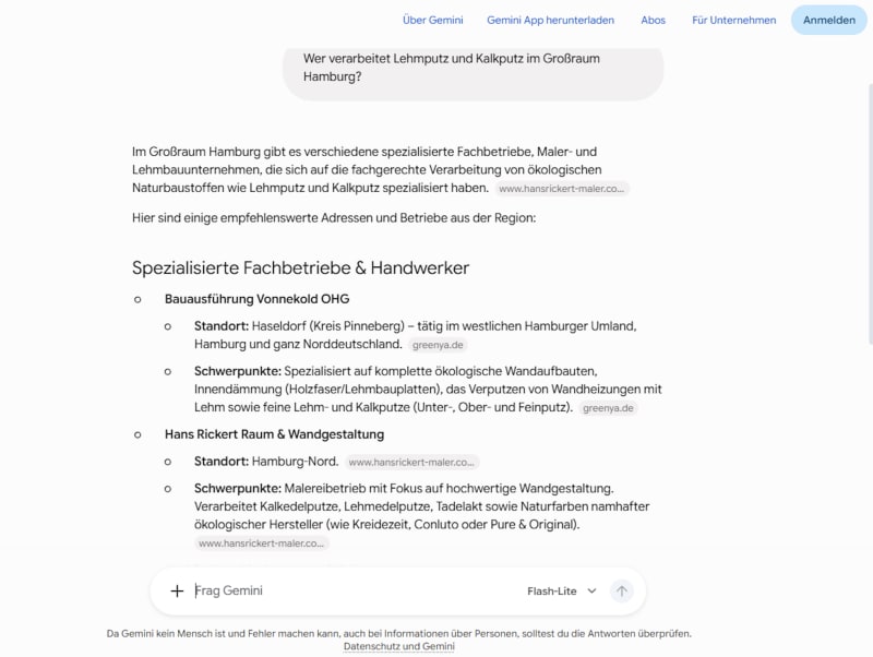 Google Gemini empfiehlt Bauausführung Vonnekold für Lehmputz und Kalkputz im Großraum Hamburg, greenya.de als Quelle