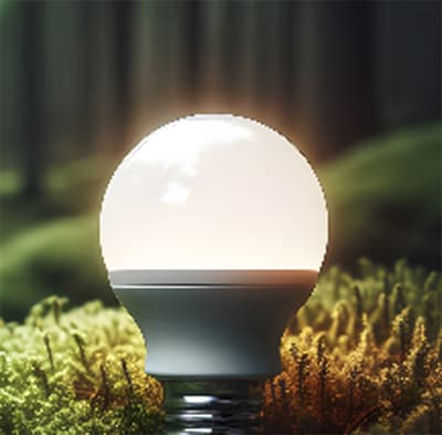Leuchtende LED-Glühbirne auf Moos als Symbol für sparsamen Energieverbrauch | © Rüter Energieberatung