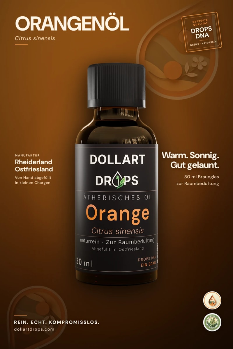 Ätherisches Orangenöl von DOLLART DROPS, 30 ml in Braunglas, naturrein zur Raumbeduftung, von Hand abgefüllt im ostfriesischen Rheiderland. | © © DOLLART DROPS