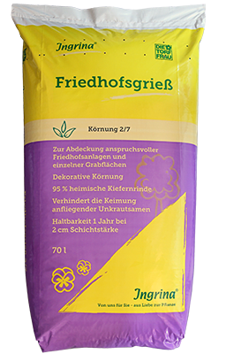Ingrina - Friedhofsgrieß Körnung 2/7 — feiner Kiefernrinden-Grieß als dekoratives Abdeckmaterial gegen Unkrautkeimung | © Die Torffrau - Ingrina