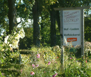 Hofeinfahrt der Hofgemeinschaft Löstrup mit Hinweisschild auf Hofladen und Hofbäckerei | © Hofgemeinschaft Löstrup