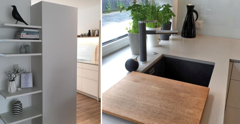 Maßgefertigte Einbauküche von W&A: raumhoher Schrankblock mit offenem Regal und Detail der Arbeitsfläche mit Spüle und Holzschneidbrett | © W&A Wohnen / Tischlerei