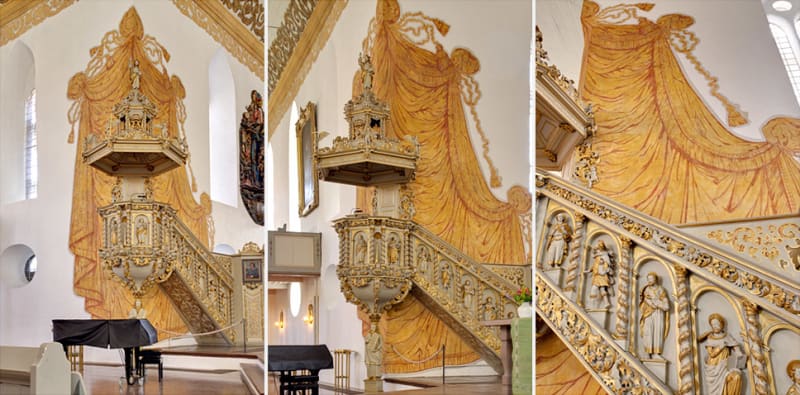 Barocke Kanzel und Treppe im Innenraum der Christkirche Rendsburg-Neuwerk nach der Sanierung | © Malereibetrieb Jens Struck GmbH