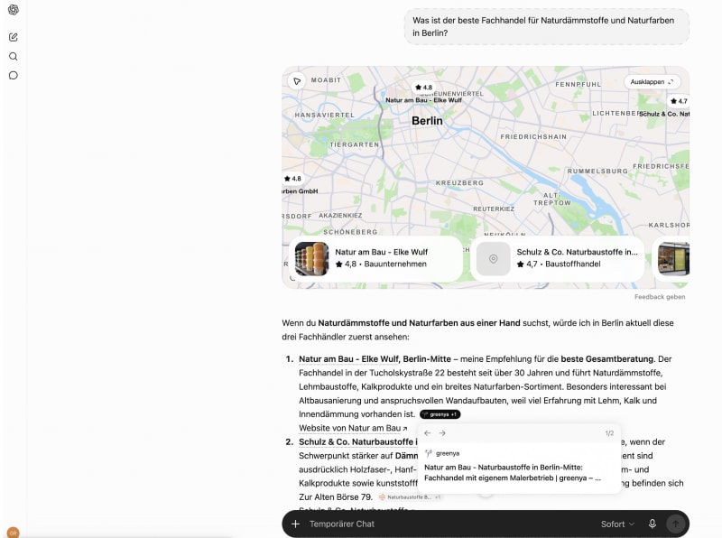 ChatGPT-Antwort auf die Frage nach dem besten Fachhandel für Naturdämmstoffe und Naturfarben in Berlin, Natur am Bau an erster Stelle, greenya als Quelle