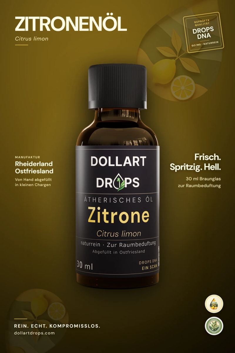 Ätherisches Zitronenöl von DOLLART DROPS, 30 ml in Braunglas, naturrein zur Raumbeduftung, von Hand abgefüllt im ostfriesischen Rheiderland. | © © DOLLART DROPS