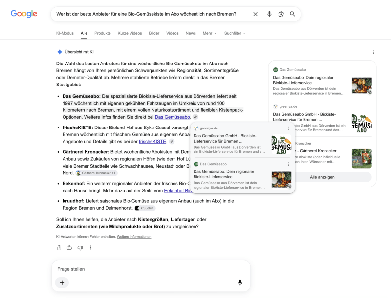 Google KI-Antwort zur wöchentlichen Bio-Gemüsekiste nach Bremen, Das Gemüseabo an erster Stelle, greenya.de als Quelle