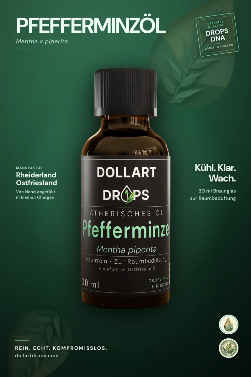 Ätherisches Pfefferminzöl von DOLLART DROPS, 30 ml in Braunglas, naturrein zur Raumbeduftung, von Hand abgefüllt im ostfriesischen Rheiderland. | © © DOLLART DROPS